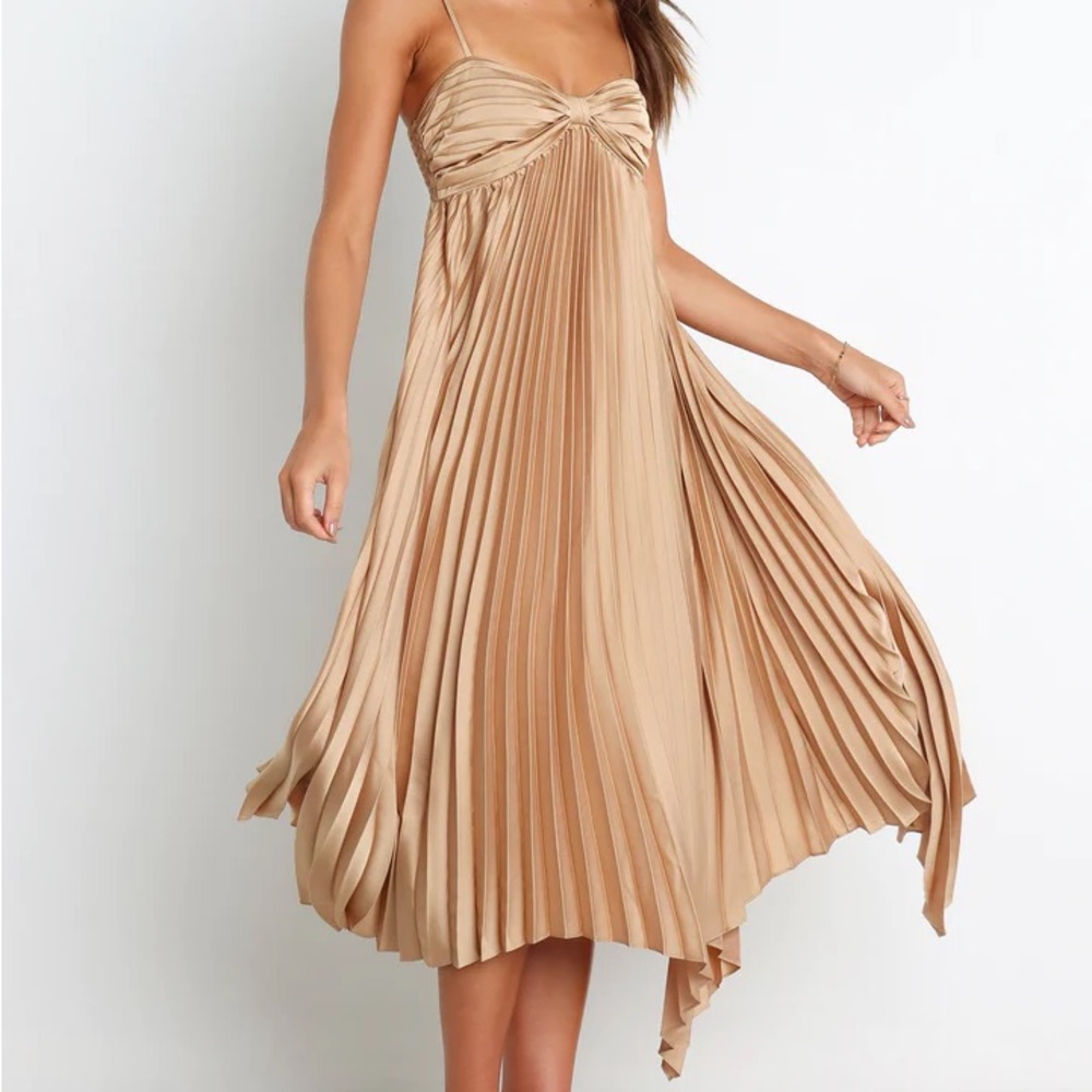 Gold Pleated Wedding Guest Dress - Petal + Pup